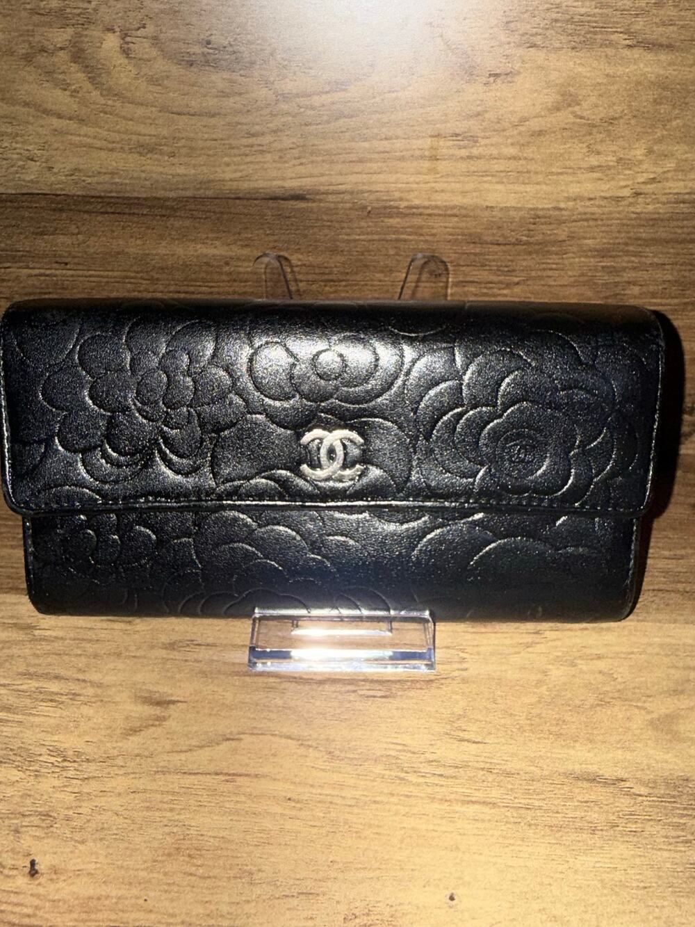 Chanel Black Camellia Embossed Lambskin Leather Long Flap Wallet